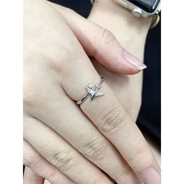 CZ Airplane 925 Sterling Silver Statement Ring for Women Girls Adjustable Expandable Open Wrap Finger Rings Comfort Fit Dainty Cute Dainty Airline Flight Jewelry Gift Souvenir
