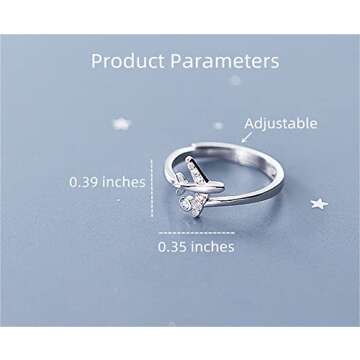 CZ Airplane 925 Sterling Silver Statement Ring for Women Girls Adjustable Expandable Open Wrap Finger Rings Comfort Fit Dainty Cute Dainty Airline Flight Jewelry Gift Souvenir