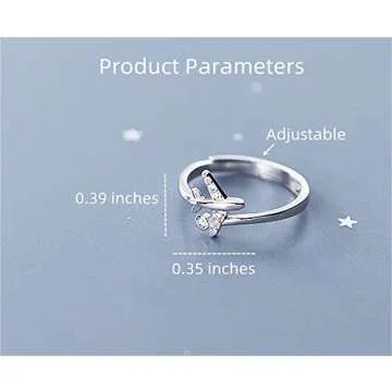 CZ Airplane 925 Sterling Silver Statement Ring for Women Girls Adjustable Expandable Open Wrap Finger Rings Comfort Fit Dainty Cute Dainty Airline Flight Jewelry Gift Souvenir