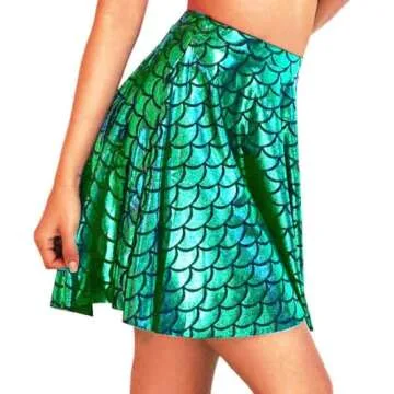 GRAEEN Green Mermaid Skirts Fish Scale Skater Skirts Sparkly Flared Pleated Mini Skirt Party Costumes Skirt (X-Large, Deep Green)