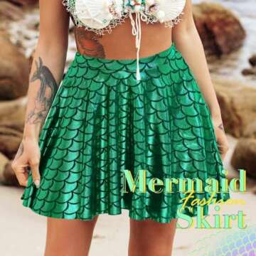 GRAEEN Green Mermaid Skirts Fish Scale Skater Skirts Sparkly Flared Pleated Mini Skirt Party Costumes Skirt (X-Large, Deep Green)