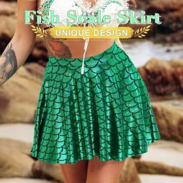 GRAEEN Green Mermaid Skirts Fish Scale Skater Skirts Sparkly Flared Pleated Mini Skirt Party Costumes Skirt (X-Large, Deep Green)