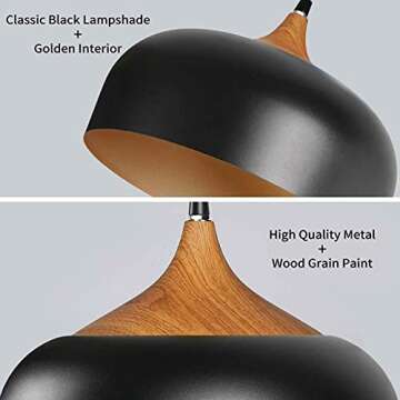 tomons Pendant Light Modern Lantern Lighting with LED Bulb, Wood Pattern Dome Minimalist Industrial Ceiling Hanging Lamp for Kitchen Island, Barn, Dining Room, Living Room, Bedroom - Black