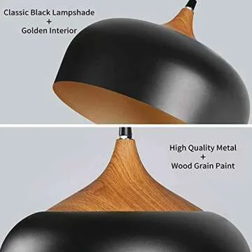 tomons Pendant Light Modern Lantern Lighting with LED Bulb, Wood Pattern Dome Minimalist Industrial Ceiling Hanging Lamp for Kitchen Island, Barn, Dining Room, Living Room, Bedroom - Black