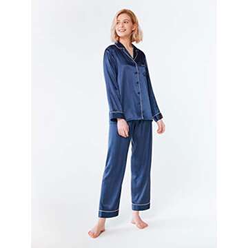 SIORO Womens Silky Satin Pajamas Set Sleepwear Loungewear Button Down Pijamas Long Sets, Navy Blue, ...