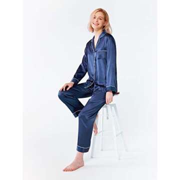 SIORO Womens Silky Satin Pajamas Set Sleepwear Loungewear Button Down Pijamas Long Sets, Navy Blue, Small