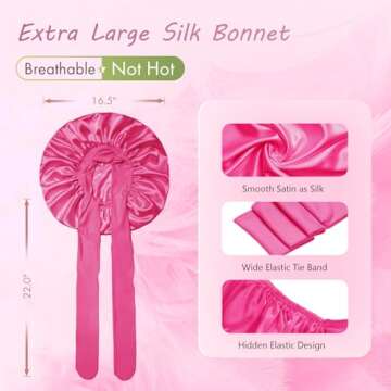 BONNET QUEEN Large Satin Bonnet Silk Bonnet for Sleeping Women Hair Bonnet Big Bonnet Night Sleep Cap Scarf Wrap for Curly Hair with Tie Band Hot Pink