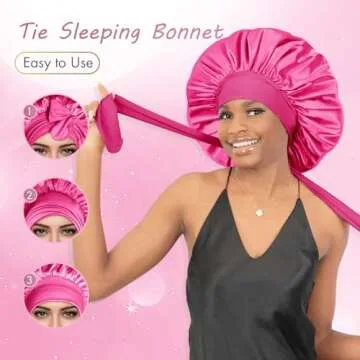 BONNET QUEEN Large Satin Bonnet Silk Bonnet for Sleeping Women Hair Bonnet Big Bonnet Night Sleep Cap Scarf Wrap for Curly Hair with Tie Band Hot Pink