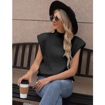 Himosyber Women's Solid Sleeveless Vest Elegant High Neck Stretchable Cap Sleeve Knit Sweater Tops (Black-S)