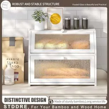 STDDRE Bread Box for Kitchen Countertop Double Layer Bread Box Storage Extra Large Farmhouse Bread Box with Tree Pattern Window(Bamboo White)
