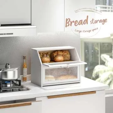 STDDRE Bread Box for Kitchen Countertop Double Layer Bread Box Storage Extra Large Farmhouse Bread Box with Tree Pattern Window(Bamboo White)