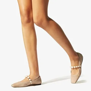 FOWT Women Square Toe Slip on Flats Pearl Studded Strap Elegant Pumps Wedding Bride Prom Dressy Shoes Size 7.5 Nude