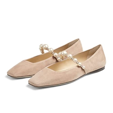 FOWT Women Square Toe Slip on Flats Pearl Studded Strap Elegant Pumps Wedding Bride Prom Dressy Shoes Size 7.5 Nude