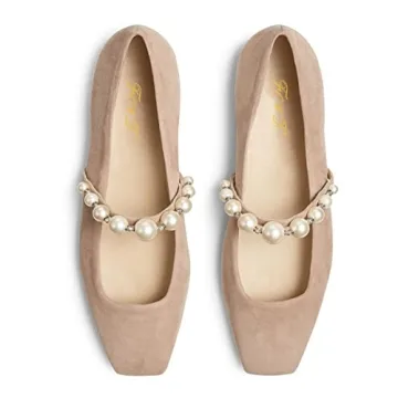FOWT Women Square Toe Slip on Flats Pearl Studded Strap Elegant Pumps Wedding Bride Prom Dressy Shoes Size 7.5 Nude
