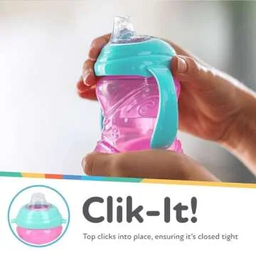 Nuby Clik-It Grip N' Sip Soft Spout No-Spill Training Sippy Cup with Handles - (3-Pack) 10 oz - 4+ Months - Aqua/Purple/Pink
