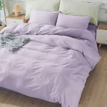 NEXHOME PRO Duvet Cover Set Queen Size Linen Feel Textured Organic Natural 100% Washed Cotton Duvet Cover Purple Lavender Lilac 3 Pieces Bedding Set Zipper Closure, Breathable, Soft (No Comforter)