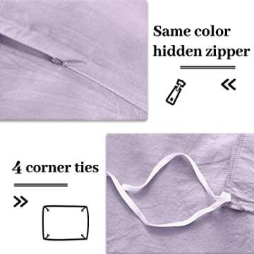 NEXHOME PRO Duvet Cover Set Queen Size Linen Feel Textured Organic Natural 100% Washed Cotton Duvet Cover Purple Lavender Lilac 3 Pieces Bedding Set Zipper Closure, Breathable, Soft (No Comforter)