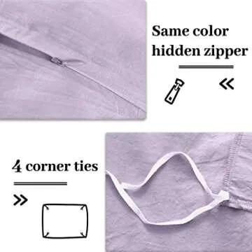 NEXHOME PRO Duvet Cover Set Queen Size Linen Feel Textured Organic Natural 100% Washed Cotton Duvet Cover Purple Lavender Lilac 3 Pieces Bedding Set Zipper Closure, Breathable, Soft (No Comforter)