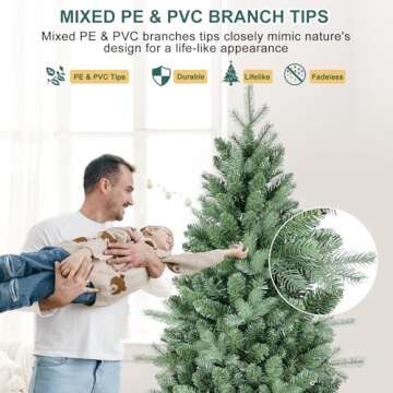 7.5 FT Artificial Skinny Christmas Tree,Unlit Blue Spruce Slim Pencil Xmas Tree with 1755 PE&PVC Mixed Branch Tips,Hinged Pine Tree with Metal Stand for Home Office Décor