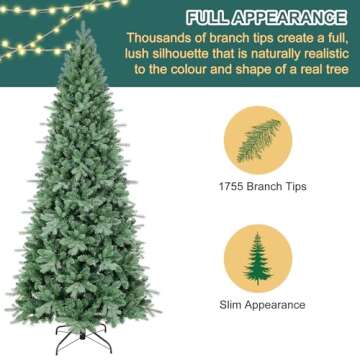 7.5 FT Artificial Skinny Christmas Tree,Unlit Blue Spruce Slim Pencil Xmas Tree with 1755 PE&PVC Mixed Branch Tips,Hinged Pine Tree with Metal Stand for Home Office Décor