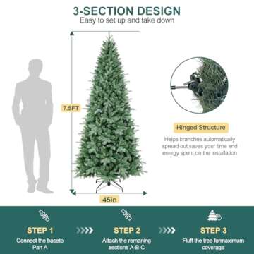 7.5 FT Artificial Skinny Christmas Tree,Unlit Blue Spruce Slim Pencil Xmas Tree with 1755 PE&PVC Mixed Branch Tips,Hinged Pine Tree with Metal Stand for Home Office Décor