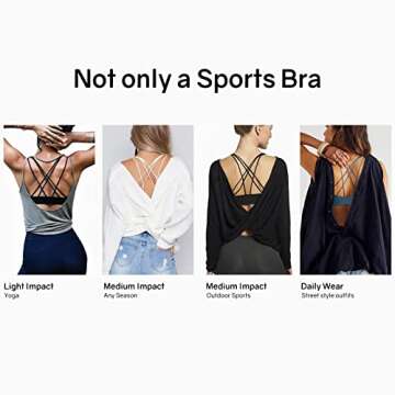 MOVINOW Sports Bra Seamless Padded Strappy Sports Bras for Women Yoga Bra Workout Removable Cups 3 Pack White Black Dusty Blue S