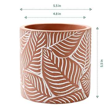POTEY Cement Planter Flower Pot - 4.8" Vintage Indoor Plants Containers Unglazed Medium Bonsai with Drain Hole - Terracotta, Leaves Embossment