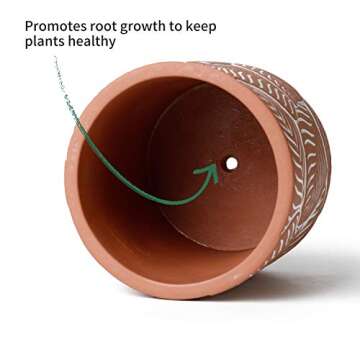 POTEY Cement Planter Flower Pot - 4.8" Vintage Indoor Plants Containers Unglazed Medium Bonsai with Drain Hole - Terracotta, Leaves Embossment