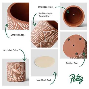 POTEY Cement Planter Flower Pot - 4.8" Vintage Indoor Plants Containers Unglazed Medium Bonsai with Drain Hole - Terracotta, Leaves Embossment