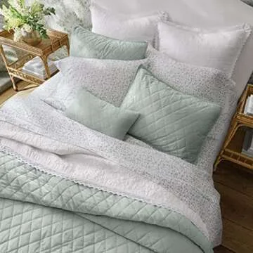 Laura Ashley - King Quilt Set, Solid Velvet Reversible Bedding, All Season Home Decor with Shams & Bonus Pillow Cover (Diamond Stitch Sage Green, King)