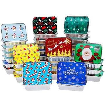 40Pcs Christmas Aluminum Pans With Lids,8 Holiday Designs,Foil Pans for Gift Giving Rectangular Trea...