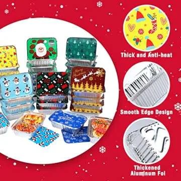 40Pcs Christmas Aluminum Pans With Lids,8 Holiday Designs,Foil Pans for Gift Giving Rectangular Treat Foil Containers Cookie Tins for Holiday Leftovers or Cookie Exchange,7.3"l X 5.1"w X 2"d