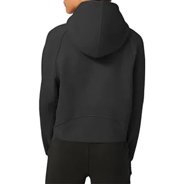 LASLULU Womens Fuzzy Cropped Hoodies Sport Athletic Zip Up Stand Collar Sweater Fleece Lined Sweatshirt Long Sleeve Pullover Tops Pockets(Black Medium)