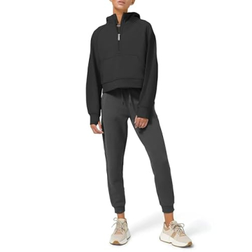 LASLULU Womens Fuzzy Cropped Hoodies Sport Athletic Zip Up Stand Collar Sweater Fleece Lined Sweatshirt Long Sleeve Pullover Tops Pockets(Black Medium)