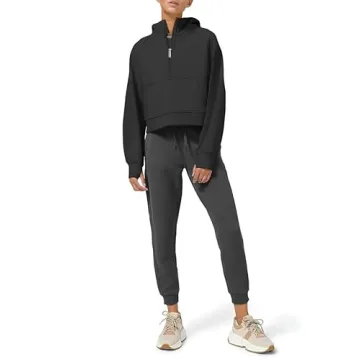 LASLULU Womens Fuzzy Cropped Hoodies Sport Athletic Zip Up Stand Collar Sweater Fleece Lined Sweatshirt Long Sleeve Pullover Tops Pockets(Black Medium)