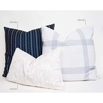 GRATEFUL GOOSE Modern Decorative Throw Pillow Covers Combination Set of 3 (1) 12”x20”, (1) 20”x20”, (1) 22”x22”, Printed Fabric for Couch Home Decor, Inserts not Included (Stripe Navy, Grey & Floral)