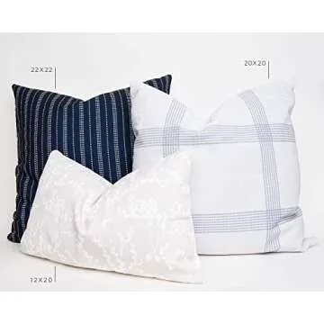 GRATEFUL GOOSE Modern Decorative Throw Pillow Covers Combination Set of 3 (1) 12”x20”, (1) 20”x20”, (1) 22”x22”, Printed Fabric for Couch Home Decor, Inserts not Included (Stripe Navy, Grey & Floral)