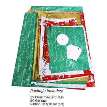 WesGen Christmas Gift Bags, 32Pcs Santa Wrapping Bag in 4 Sizes and 4 Designs with Ribbon Ties and Tags for Wrapping Holiday