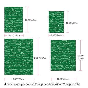 WesGen Christmas Gift Bags, 32Pcs Santa Wrapping Bag in 4 Sizes and 4 Designs with Ribbon Ties and Tags for Wrapping Holiday