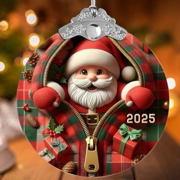 2025 Santa Claus Christmas Tree Ornament – Fun “Zipper Plaid” Design, Cute Xmas Ornament for K...