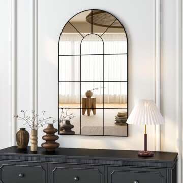NEUWEABY Arched Window Metal Mirror, 33.5"x31.5" Black Windowpane Wall Mirror Rustic Decorative Wall...