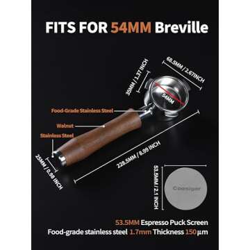 54mm Bottomless Portafilter with Puck Screen | Fits for 54mm Breville Machines | Stainless Steel portafilter and Walnut wood Handle|Espresso Machine Accessories(Walnut)
