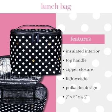 Kate Spade New York Insulated Soft Cooler Lunch Tote with Double Zipper Close and Carrying Handle, Polka Dots (Black/White)