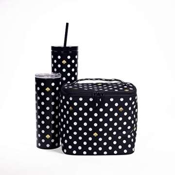 Kate Spade New York Insulated Soft Cooler Lunch Tote with Double Zipper Close and Carrying Handle, Polka Dots (Black/White)