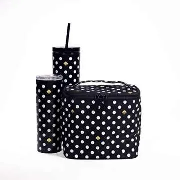 Kate Spade New York Insulated Soft Cooler Lunch Tote with Double Zipper Close and Carrying Handle, Polka Dots (Black/White)