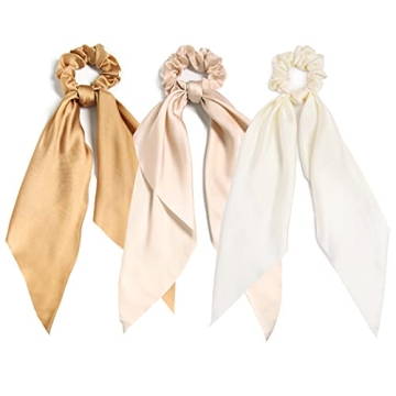 LFOUVRE 3PCS Hair Scarf Scrunchies for Women Knotted Bow Hair Ties Elastic Bands Satin Hair Ribbon S...