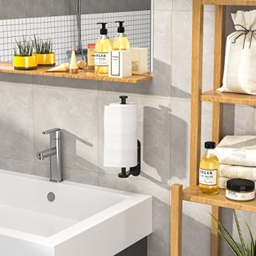 Swaitee Paper Towel Holder, Easy Tear Wall Mount Under Cabinet with Damping Function, Stainless Steel Paper Roll Holder Adhesive or Screw for Bathroom (Black)