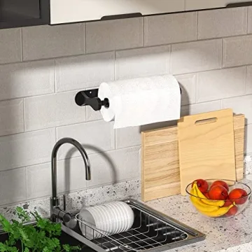 Swaitee Paper Towel Holder, Easy Tear Wall Mount Under Cabinet with Damping Function, Stainless Steel Paper Roll Holder Adhesive or Screw for Bathroom (Black)