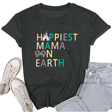 Magical Shirt for Women Happiest Mama On Earth Tee Magic Kingdom Castle Tshirt Family Holiday Vacation Short Sleeve Top Grey