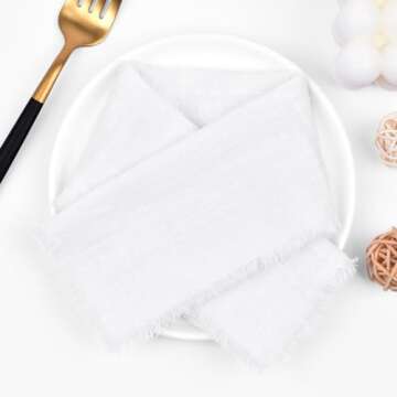 Joanlody White 6 Pack Handmade Cloth Napkins Cotton Linen Easter Spring Napkins with Fringe Rustic B...